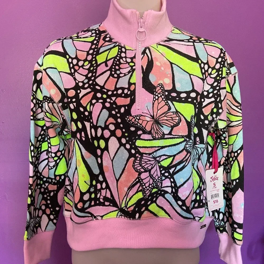 Justice Girls Pink/Black Half Zip Sweatshirt Size XS Long Sleeve Butterfly Print